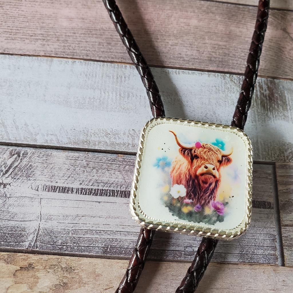 Cute Highland Cow Concho Western Necklace Bolo Tie With Hanava Braided